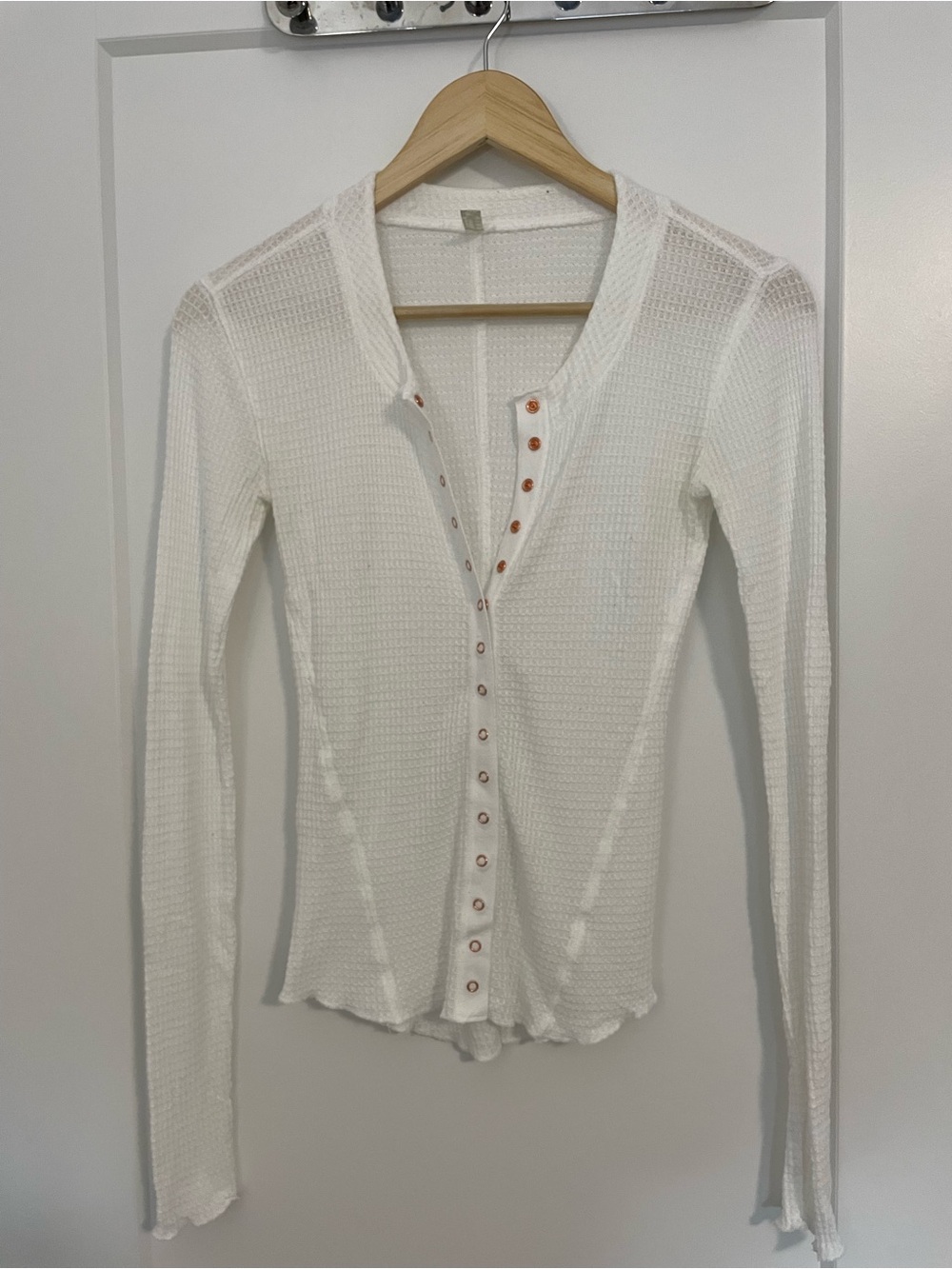 Free People Cream Waffle-Knit Henley Button-Front Long Sleeve Top